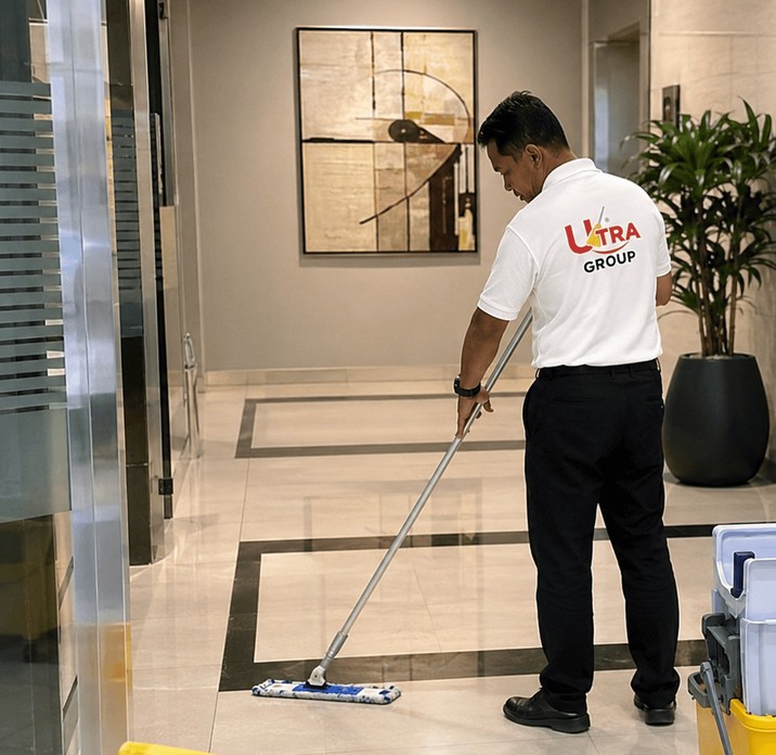 Kakitangan beruniform Maint Clean menjalankan pembersihan kontrak harian di lobi bangunan komersial