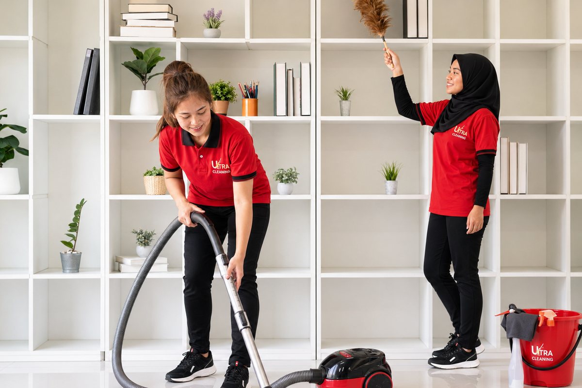 Ultra Cleaning staff dusting shelving and vacuuming a bright room