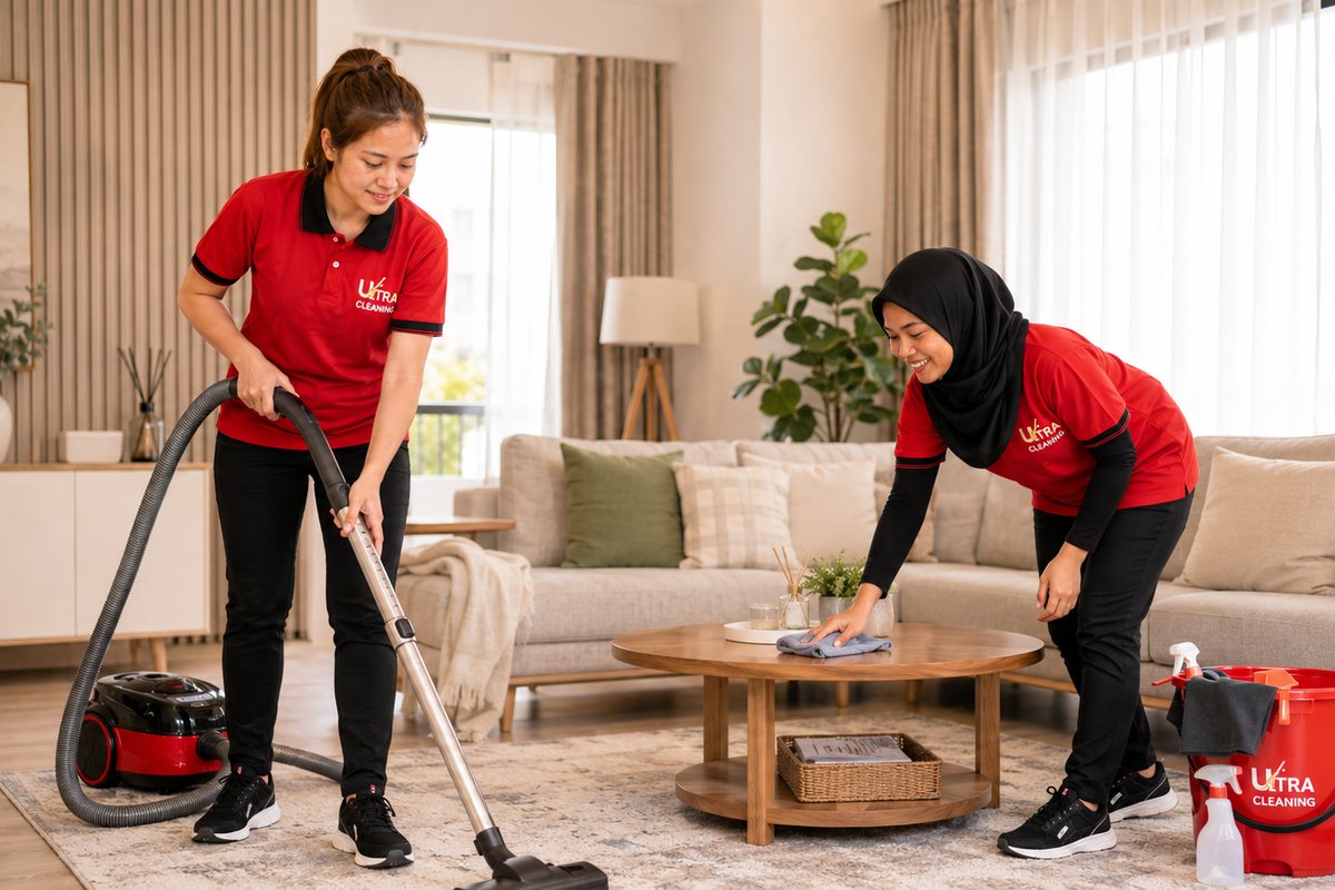 Hour Clean team vacuuming and wiping a condo living room