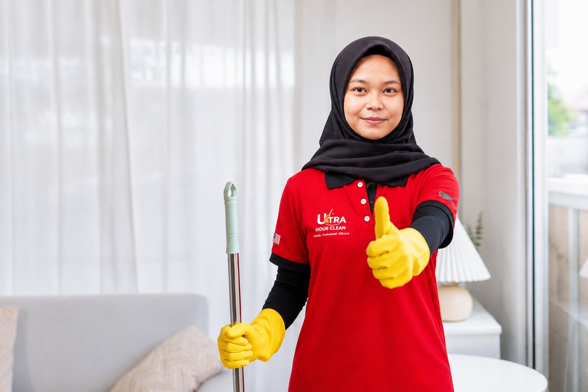 Uniformed Hour Clean cleaner with a mop giving a thumbs up