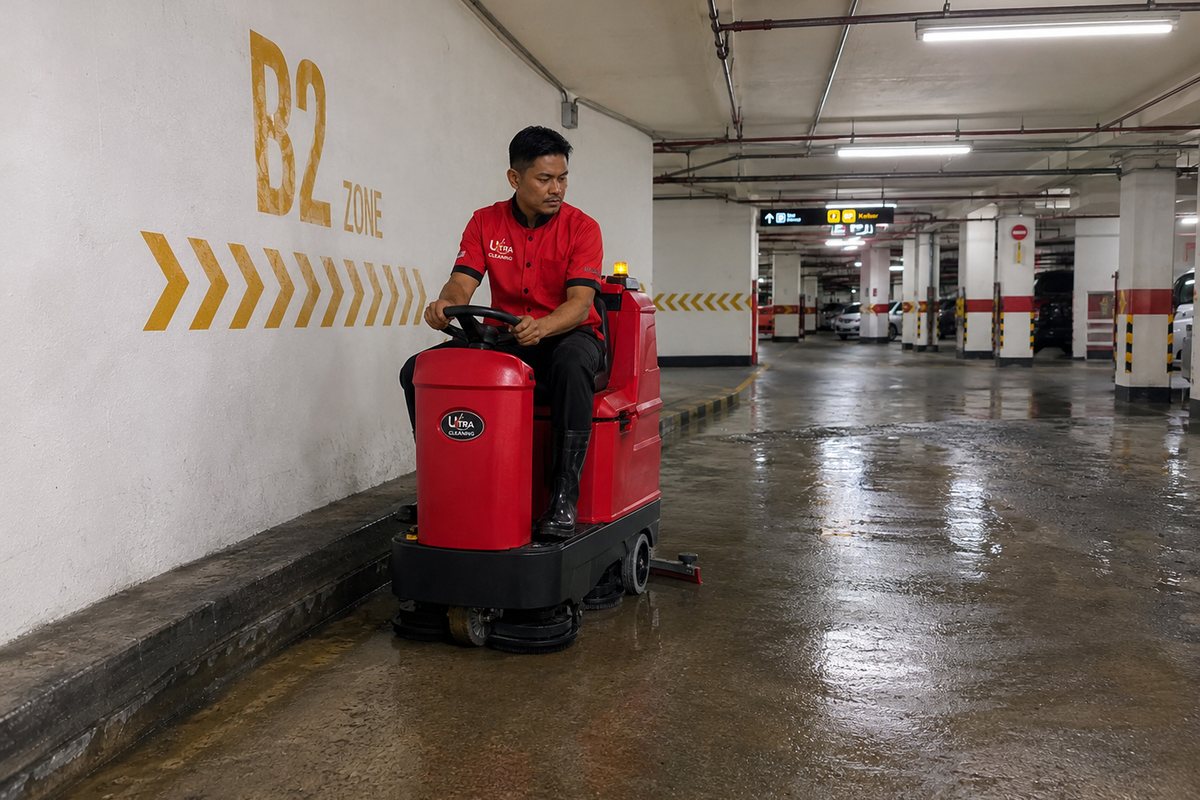 Operator Maint Clean memandu mesin penggosok lantai di tempat letak kereta bawah tanah