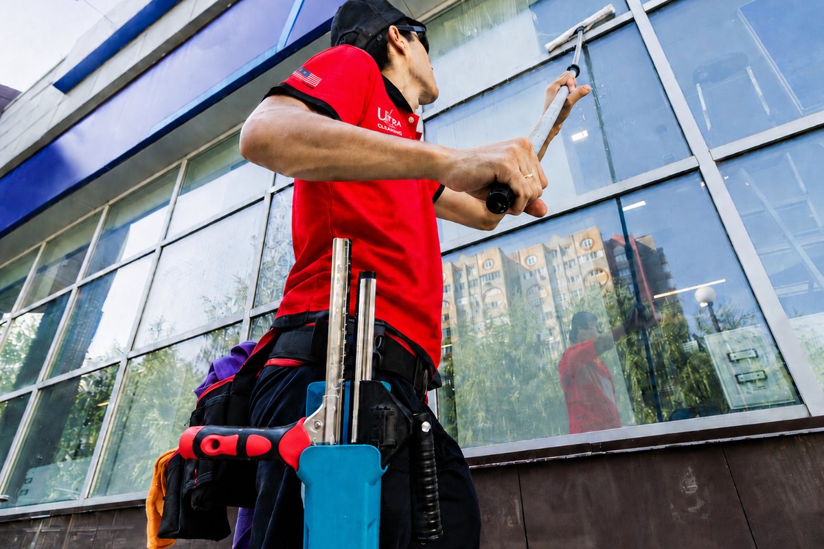 Pro Clean technician cleaning exterior shopfront glass with a squeegee