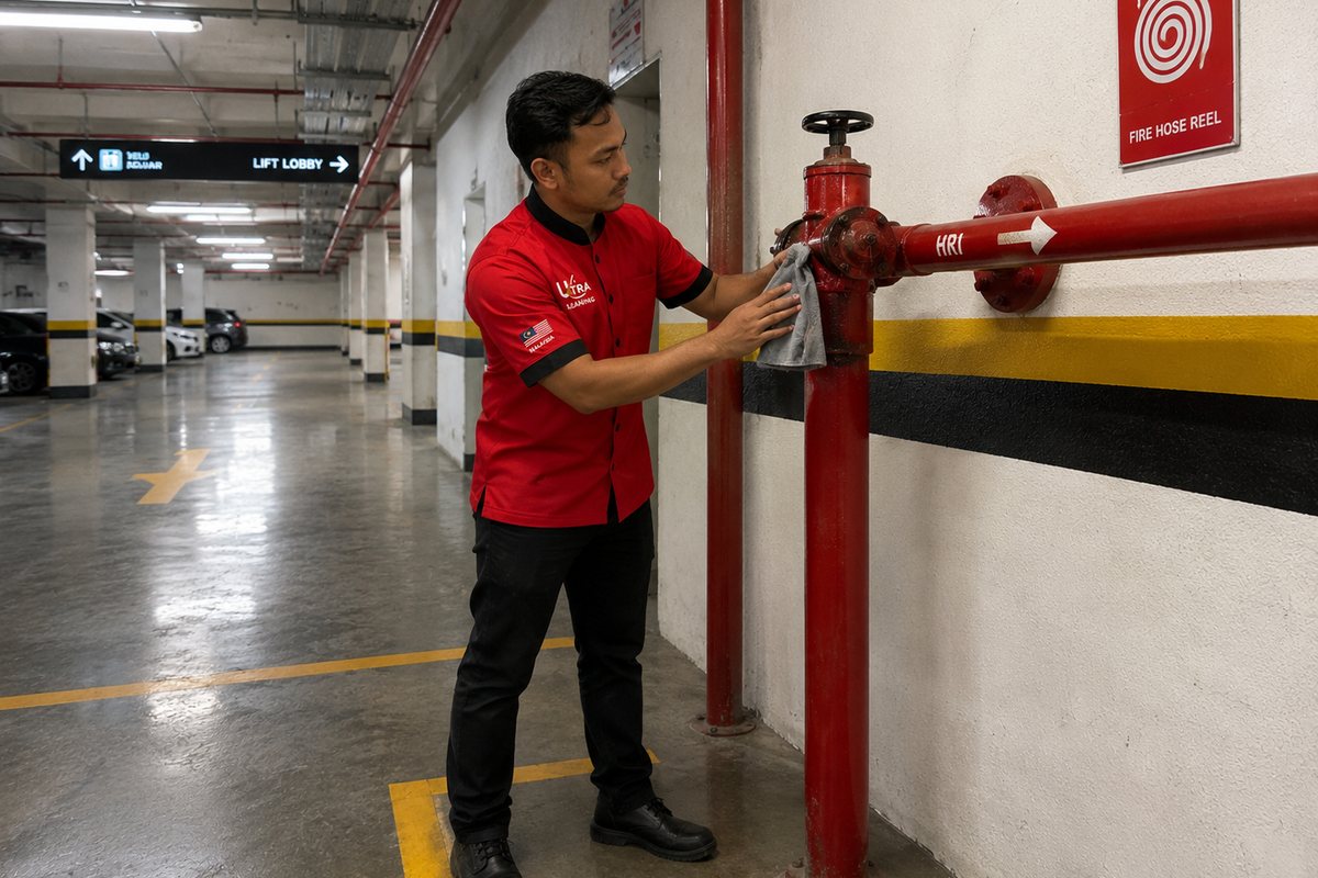 Pro Clean staff cleaning a fire hose reel installation in a building car park