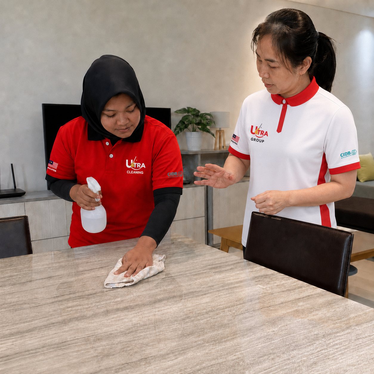 Academy trainer coaching a cleaning trainee on professional surface-cleaning technique