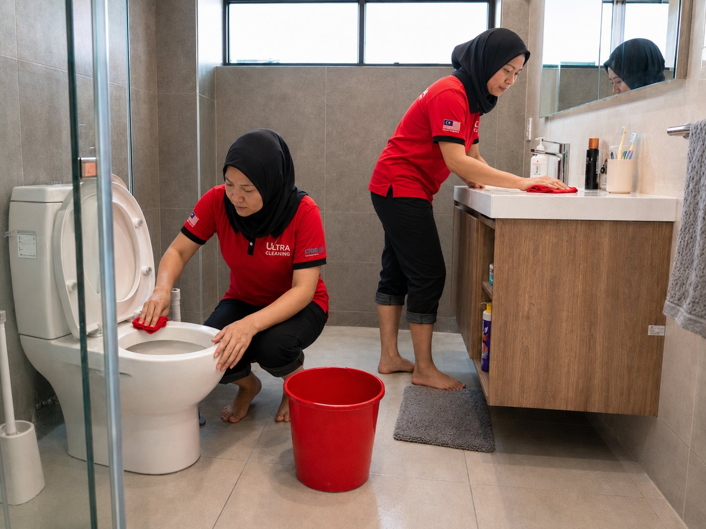 Hour Clean team cleaning a home bathroom