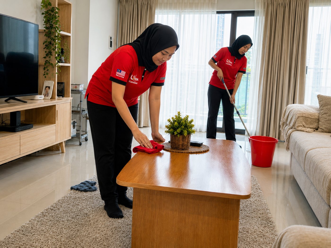 Residential cleaning service - Hour Clean team wiping and mopping a condo living room