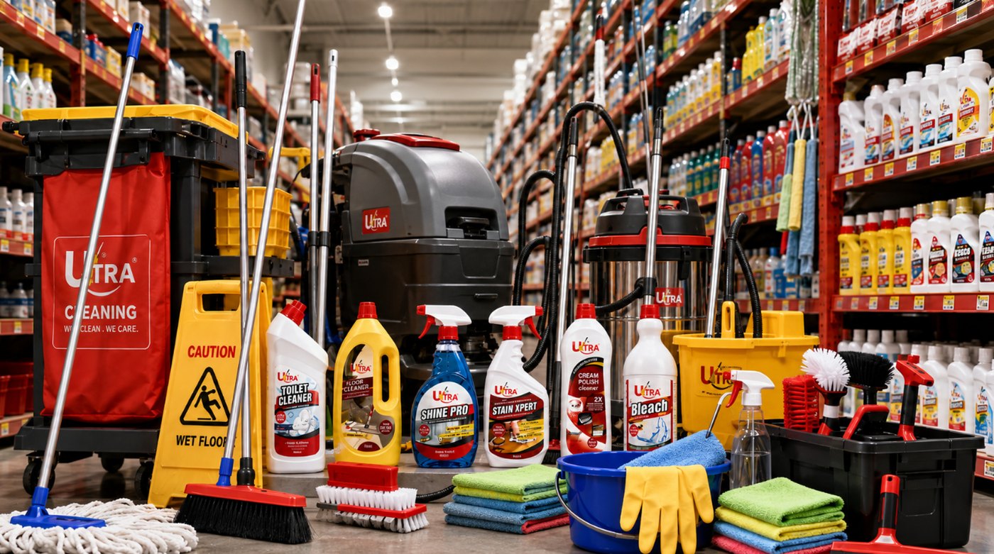 Ultra Hygiene Starter Pack — own-brand cleaning chemicals with mops, brushes, buckets, trolley and machines